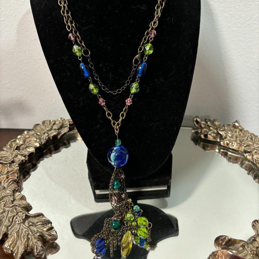 Vintage necklace multicolored glass beads long